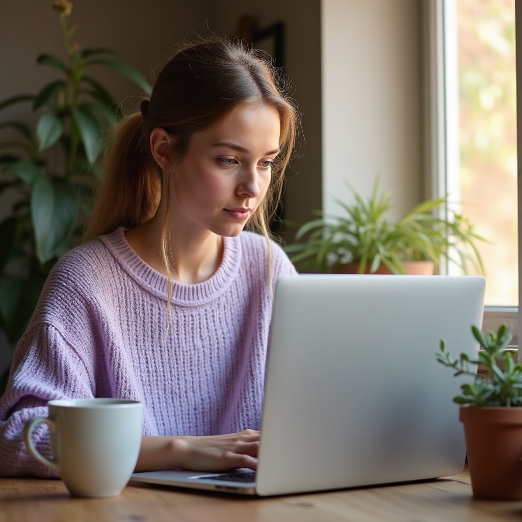 Student prochází vzdělávací moduly na laptopu v útulném prostředí
